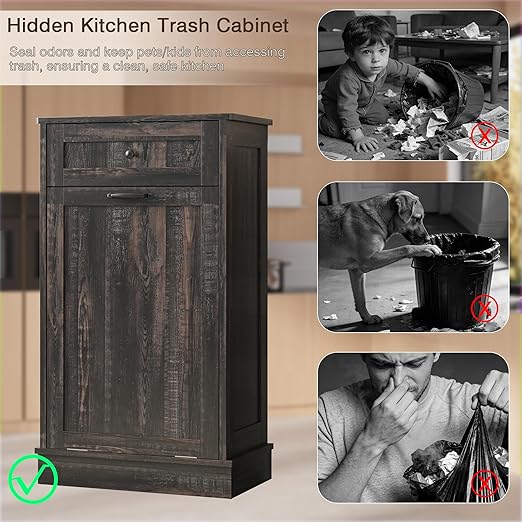 KIGOTY Tilt Out Trash Can Cabinet Trash Bin Cabinet with Hideaway Drawer Hidden Wooden Kitchen Garbage Can, Pet Proof Trash Can Holder for Kitchen (Rustic Black)