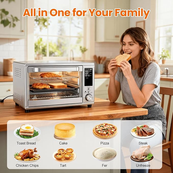 OLIXIS Air Fryer Toaster Oven Combo Dual Door, 29.6QT Oven Countertop 12 Functions in 1, 7 Accessories Included, Stainless, Up to 450°F
