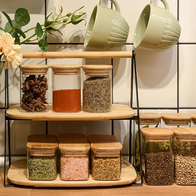 SHOWIN Glass Food Storage Jars Square 4oz, 12 Pack Glass Jars With Bamboo Lids, Kitchen Storage Containers For Spice, Candy, Cookie, Storage For Pantry Organizers