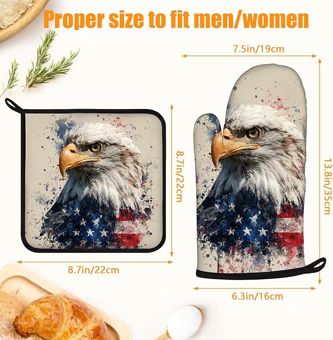 American Flag Eagle Oven Mitts and Pot Holders Sets 4Pcs Silicone Non-Slip Mitts Heat Resistant Gloves Hot Pads for Kitchen Cooking Baking Grilling BBQ