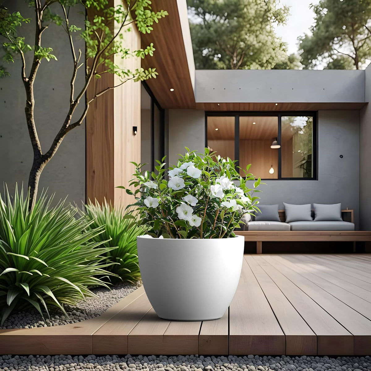 Kante 17.3 Inch Round Concrete Planter - Classic Large Indoor/Outdoor Plant Pot with Drainage Hole and Rubber Plug, Suitable for Gardens and Patios, White Finish with Aqua Blue Interior