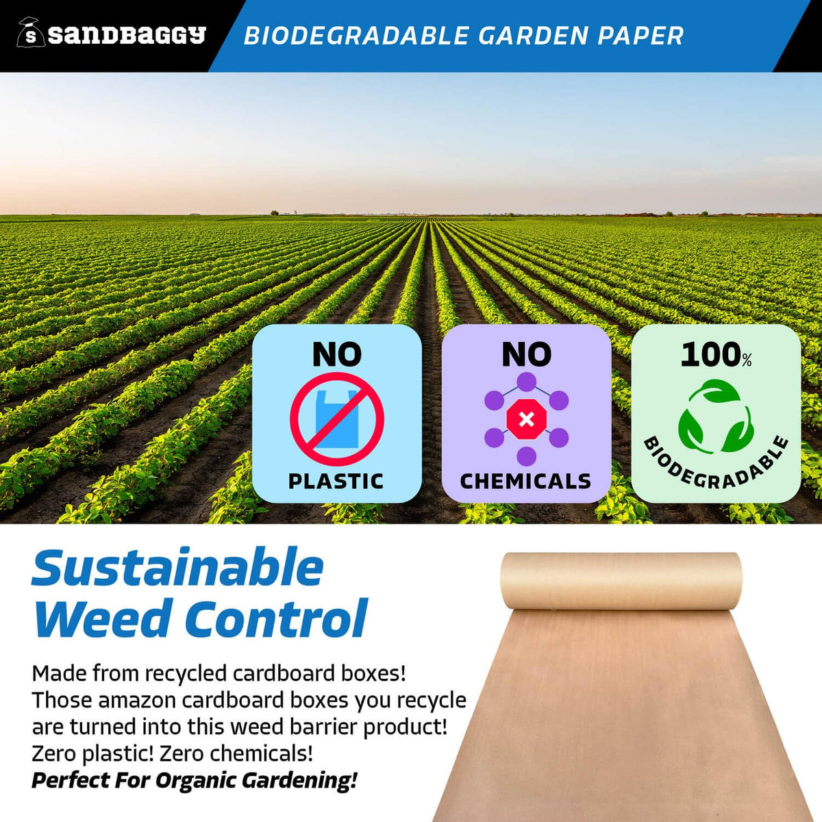Sandbaggy Biodegradable Landscape Fabric - Garden Paper for Weeds - Paper Mulch Rolls - Made in America (5 ft x 475 ft, 10)