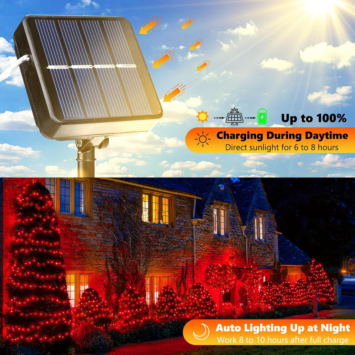 Joomer Solar Fairy Lights, 2-Pack Total 80FT 240LED Solar String Lights Outdoor Waterproof 8 Lighting Modes for Fence Party Garden Patio Yard Home Holiday Tree Outdoor Decoration (Red)