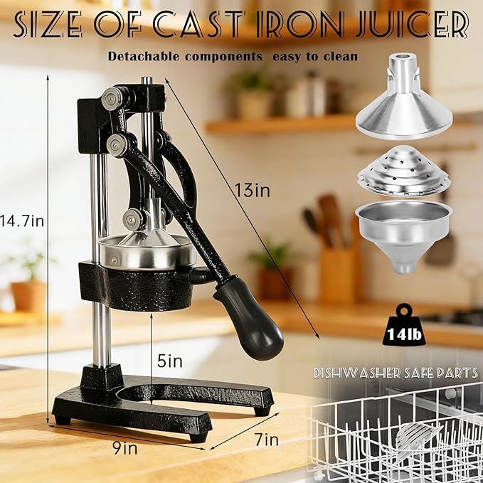 Cast Iron Juicer, Cast Iron Juicer Hand Press Heavy Duty, Peel-Free Juicing, Professional Lemon Orange Pomegranate Squeezer, Effortless, Stable, Easy Clean for Home, Bar, Commercial Use