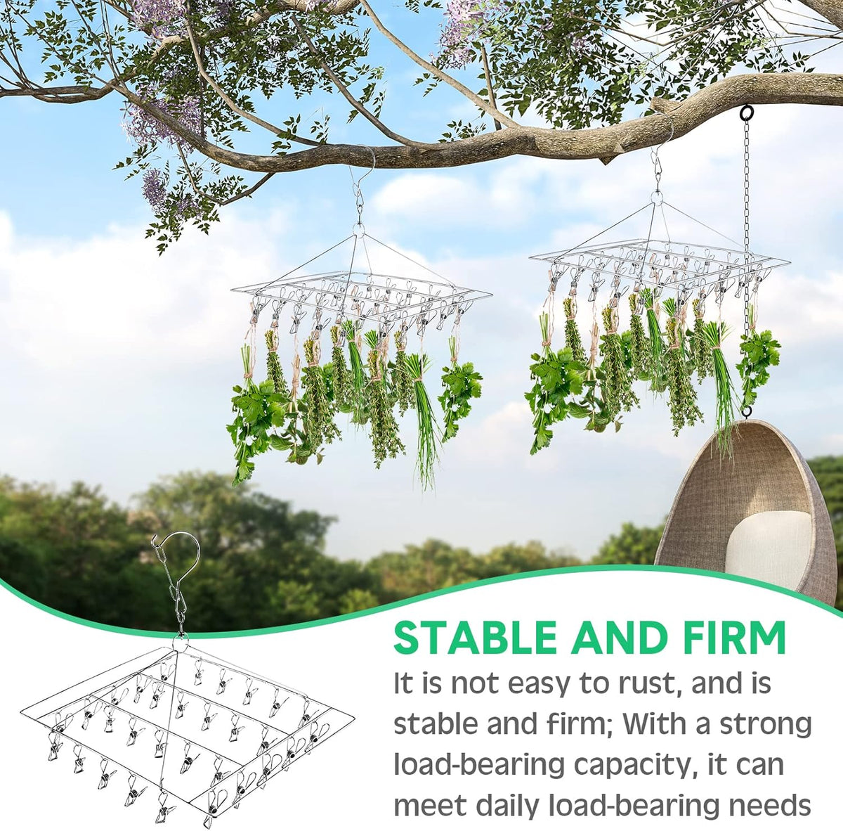 Bokon 4 Pcs Hanging Drying Rack for Herb Macrame Flower with Stainless Clip Dryer Hook for Drying Herb Air Plants Spices Flower Hydroponic Plant Ready to Use with Ceiling Hook(Square)