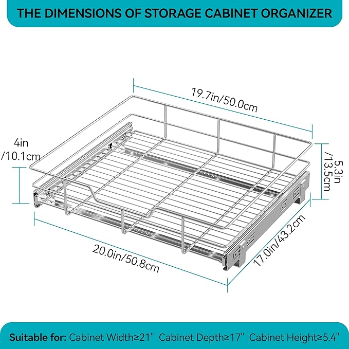Pull Out Cabinet Organizer 20" W X 17" D, Slide Out Drawers For Kitchen Cabinets, Pull Out Drawers For Cabinets Capacity Heavy Duty Caddy, Cabinet Pull Out Shelves Chrome-Plated, Bathroom Pantry