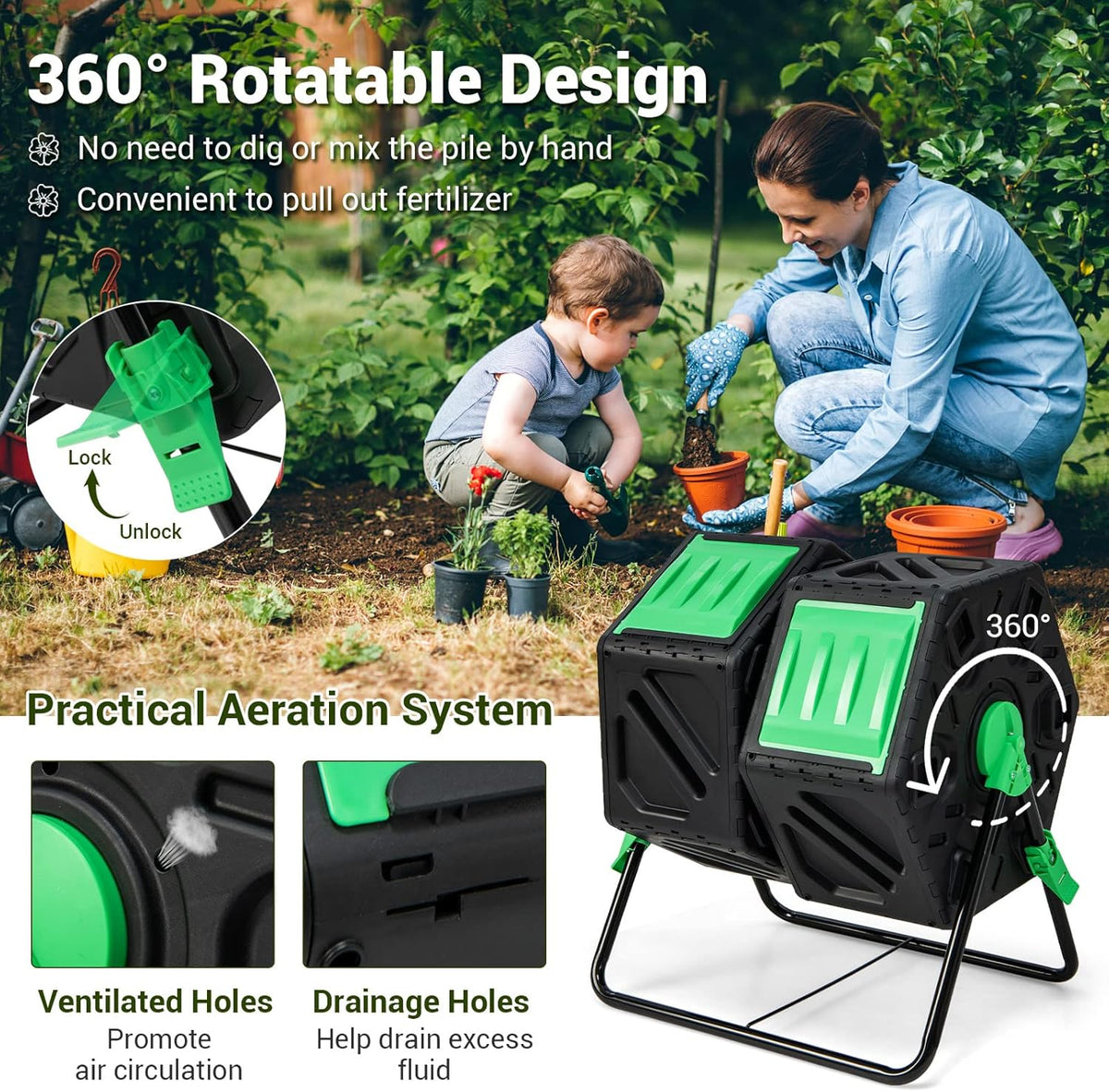 Goplus Compost Bin, Dual Chamber 34.5 Gal Compost Tumbler with 2 Rotating Chambers, Sliding Doors, High-Volume Outdoor Garden Composter, Rotating Composting Bin for Garden Yard, BPA Free
