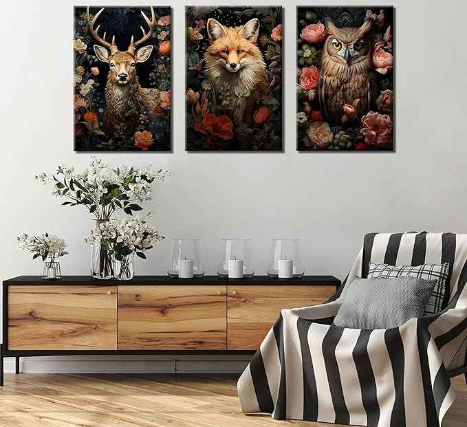 Magical Forest Animal Canvas Wall Art Flowers And Wild Animals Prints Wall Decor Dark Cottagecore Posters Gothic Vintage Botanical Floral Painting Picture Nature Room Decor Bedroom Decoration Framed