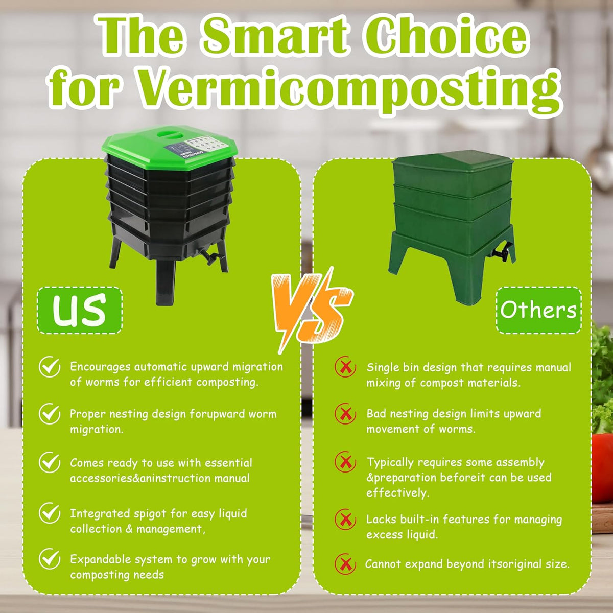 5-Layer Tray Worm Composter, Sustainable for Both Indoor & Outdoor, Worm Compost Bin for Vermicomposting Starter, Recycling Food Wastes