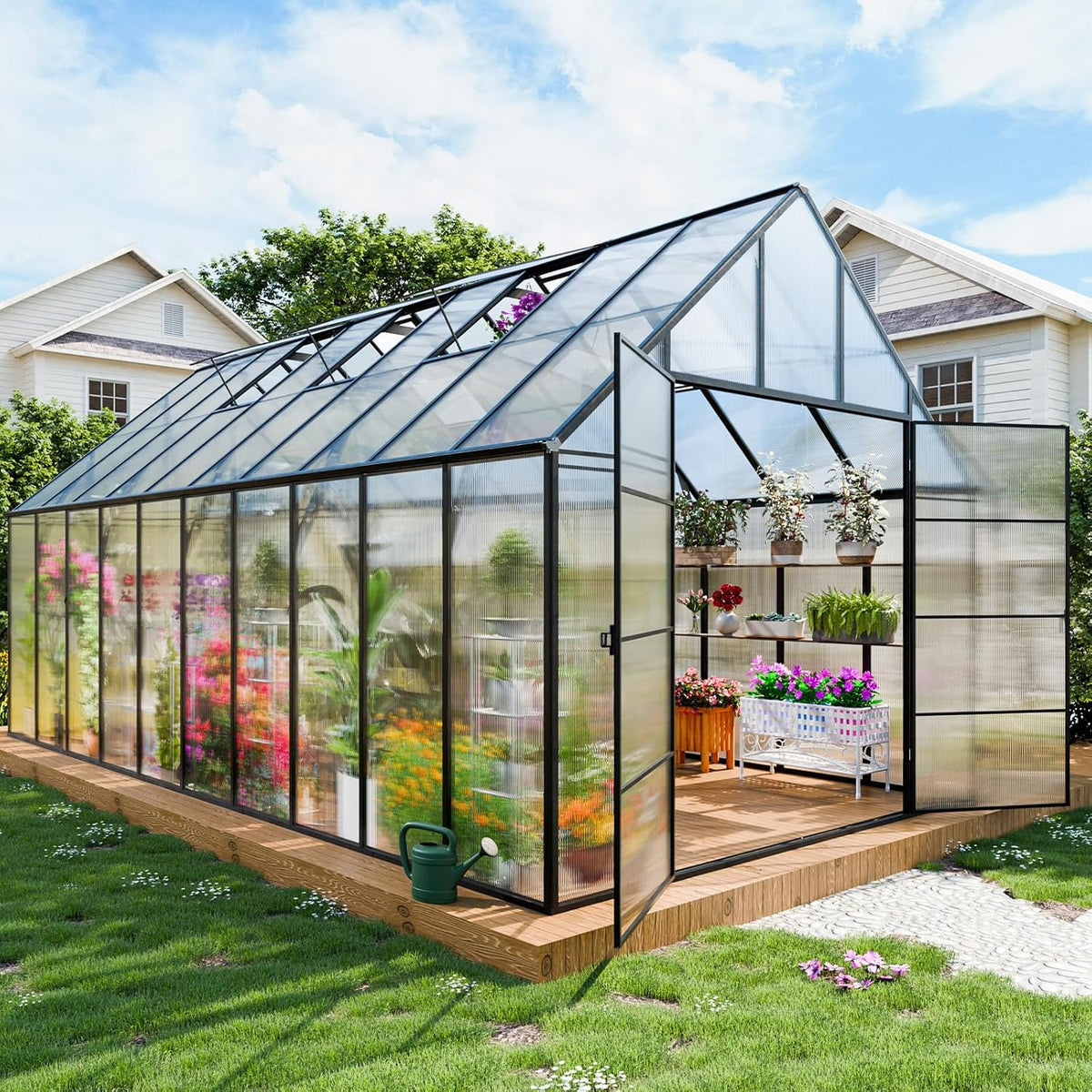 CDCASA 10x20 FT Greenhouse for Outdoors,Large Easy Assembly Large Polycarbonate Greenhouse Aluminum Greenhouses w/4 Vents Window, Swing Door Walk-in Green House for Ouside,Backyard,Garden, Black