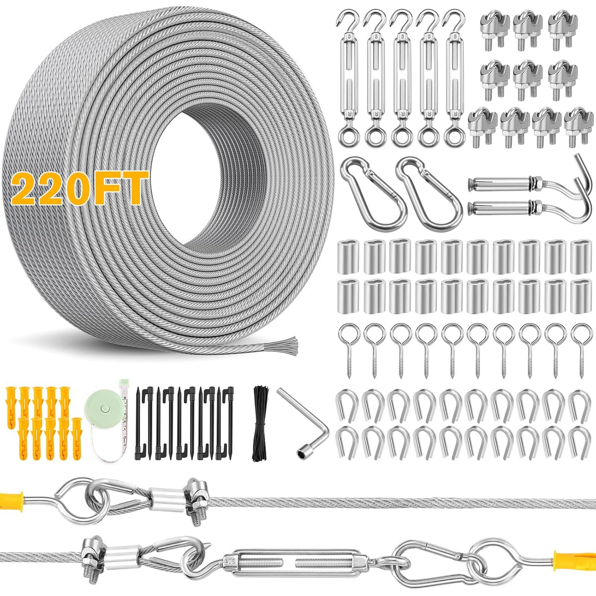 220FT 1/8" Wire Rope Kit - 304 Stainless Steel Cable with Turnbuckles for Cables Wire, Vinyl Coated Hanging Wire for Outdoor String Lights, Camping, Garden Trellis, Hanging Clothes, Pictures, Curtain