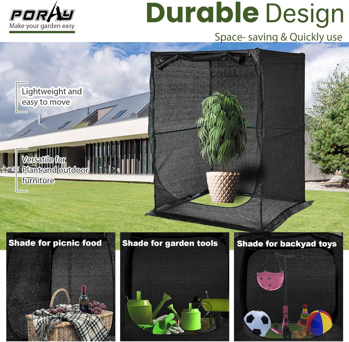Portable Large 4'x4' Sunshade Cloth Gardening Net,Easy Set up Crops Shade Net 5.7FT Tall Cover, UV Resistant Plant 80% Sunblock for Vegetables,Fruits and Mini Flower Pot with Stakes
