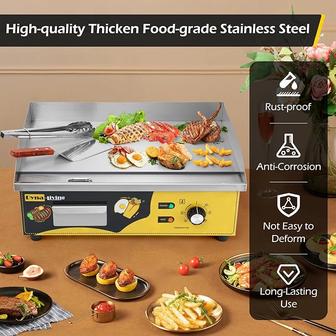 Dyna-Living Commercial Electric Griddle 22'' Stainless Steel Countertop Griddle 3000W 110V Flat top Grill Electric for Home Kitchen, Restaurant, 122℉-572℉ Temperature Adjustable