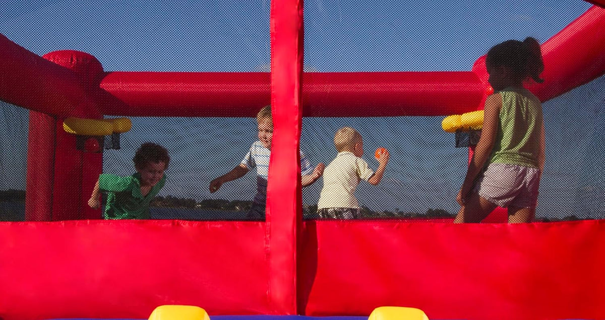 Double Play - Inflatable Dual Hoops Bounce House with Blower - Premium Quality - Holds 7 Kids - Safe and Clean