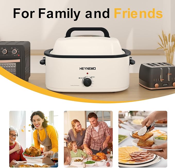 24Qt Turkey Roaster Oven Buffet with Self-Basting Lid, 1450W Electric Roaster Oven with Cool-Touch Handles, Removable Pan and Rack, Stainless Steel, White