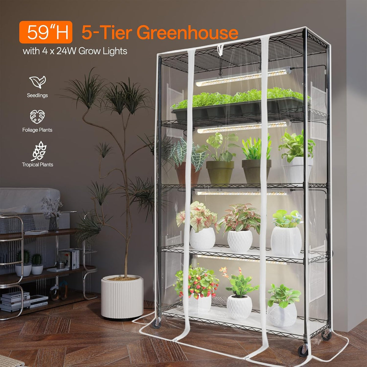 Indoor Greenhouse with Grow Light, Mini Green House with 4 Pack 24W Full Spectrum Plant Lights with Timer, Plant Shelf with Tent for Indoor Plant, Seed Starting, Seed Tray, 35.4"x13.8"x59"