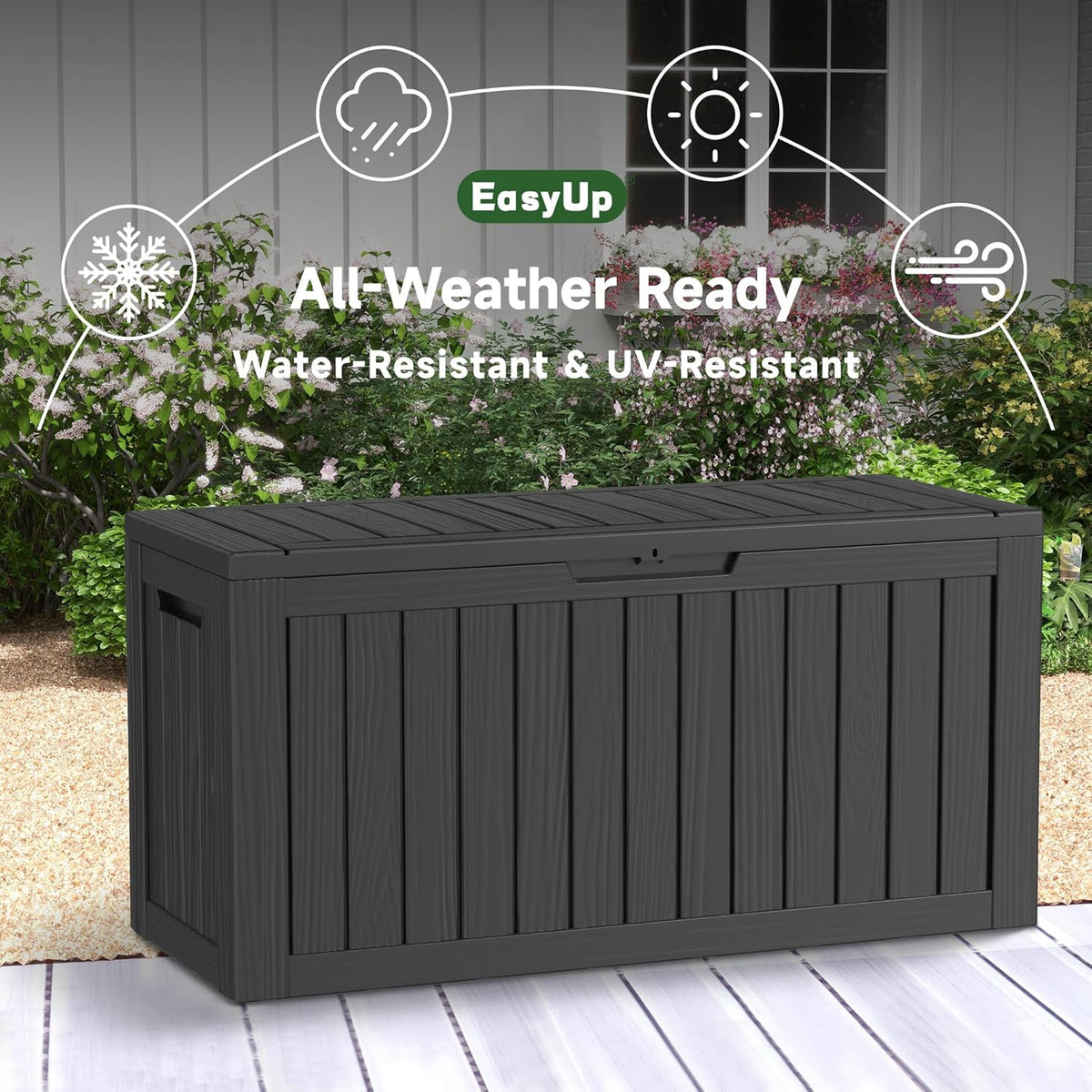 80 Gallon UV Resistant Outdoor Storage Box Waterproof, Lockable Resin Deck Box for Garden Tools, Sports Equipment and Cushions, Black