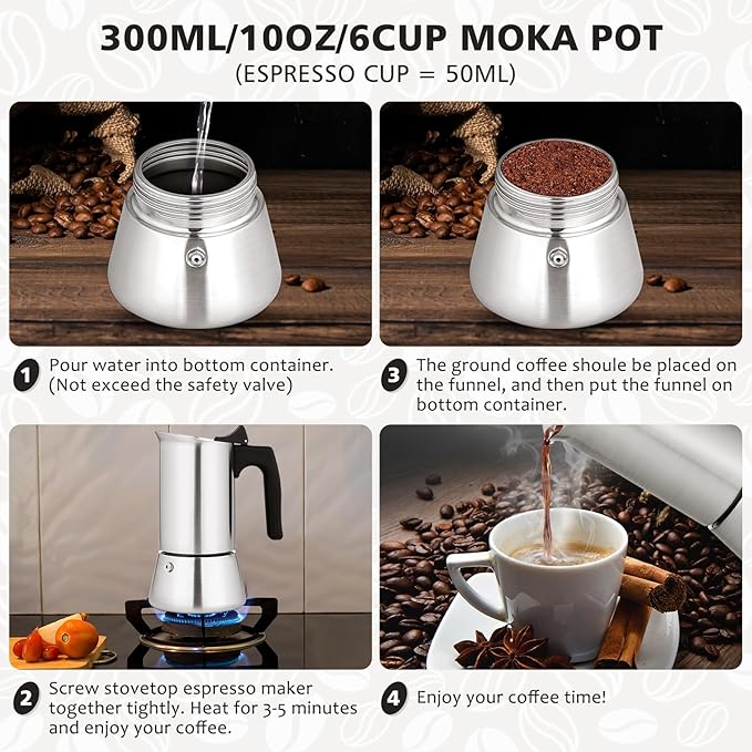 Stovetop Espresso Maker Stainless Steel Moka Pot, 6 cup Espresso Coffee Pots 300ml/10oz(Espresso Cup=50ml/1.7oz), Italian Coffee Maker for Induction Cookers Hobs, Cafe Maker for Camping Home