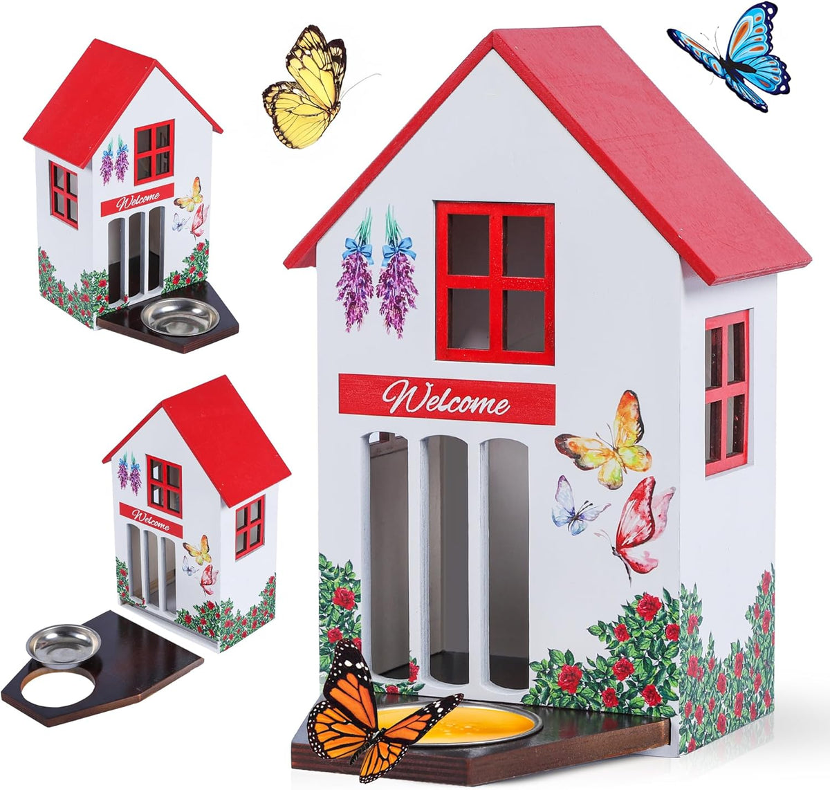 No Assembly Required! Wooden Butterfly House and Feeder for Outside with Hook, Durable Butterfly Habitat with Puddler, Unique Vibrant Design, Hanging Garden Decoration, Easy Cleaning