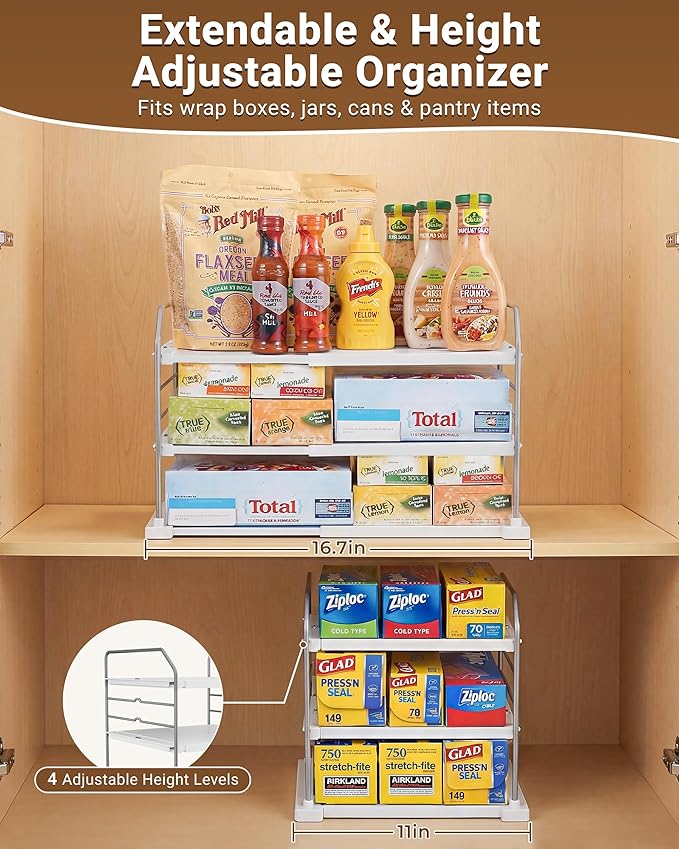EVERIE Extendable 3-Tier Kitchen Cabinet & Pantry Organizer for Plastic Wrap, Foil & Storage Bags, Adjustable Heavy Duty Shelf Rack for Wrap Boxes, Jars & Snack Boxes (11–16.7 in Wide), Pack of 1