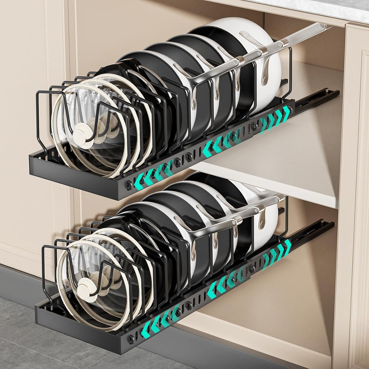 2 Pack Pots and Pans Organizer Under Cabinet, Expandable Pull Out Pot Lid Organizer with 10 Adjustable Dividers, Slide Out Pan Organizers Inside Cabinet for Kitchen Cabinets Drawers