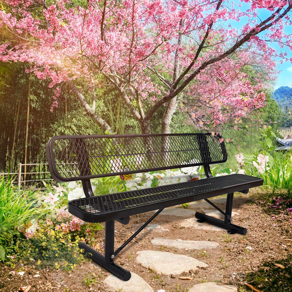 Outdoor Garden Bench, Cast Iron Metal Frame Patio Park Bench with Backrest, Portable Expanded Metal Black Bench, Commercial-Grade Outdoor Seating for Lawn, Patio, Park, Yard, Garden (Black, 6FT/72')