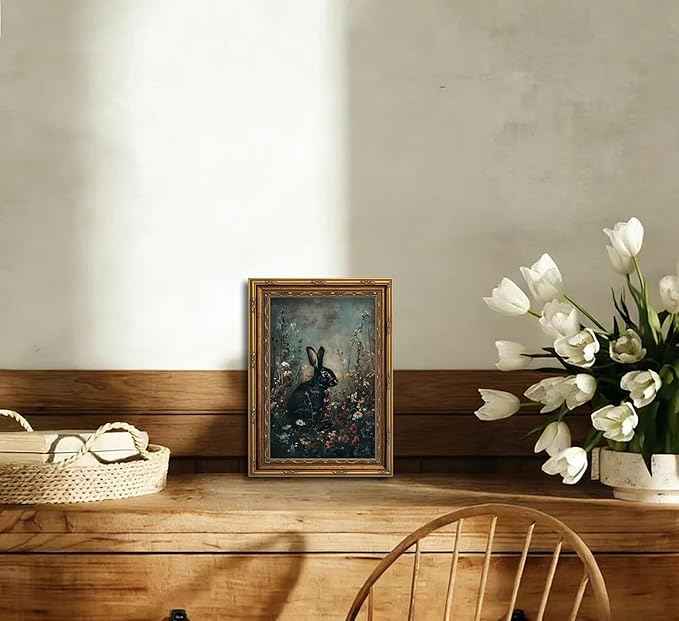 Vintage Gold Framed Bunny Wall Art Dark Moody Botanical Cottagecore Rabbit Painting Canvas Prints Dark Academia Floral Poster Gothic Black Animal Picture Artwork for Bedroom Living Room Decoation