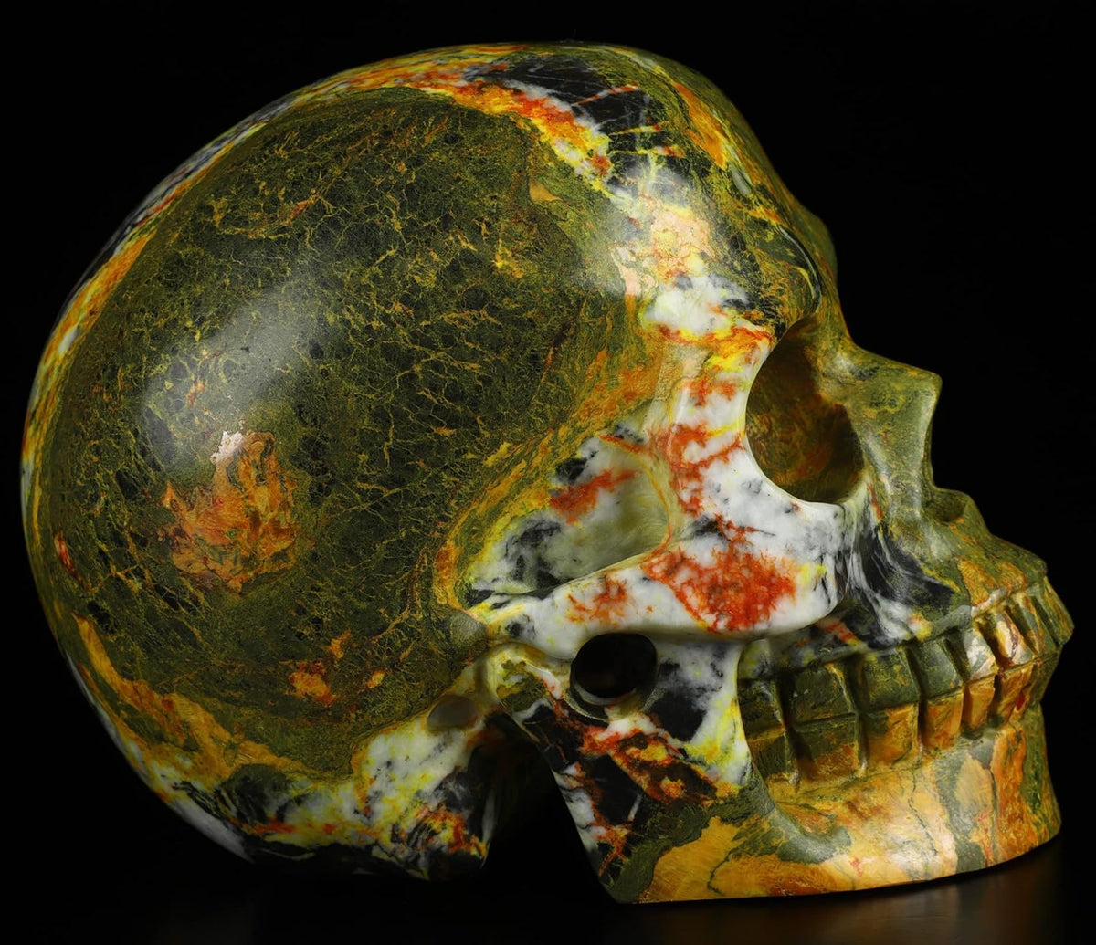 Skullis 5.0”Orpiment Crystal Skull, Hand Carved Gemstone Fine Art Sculpture, Reiki Healing Stone Statue.3623