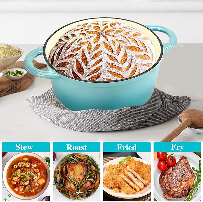 COOKWIN Cast Iron Dutch Oven, 3 QT Round Dutch Oven Pot with Self Basting Lid for Home Baking, Braiser, Cooking, Great Christmas Gifts for Family,Teal