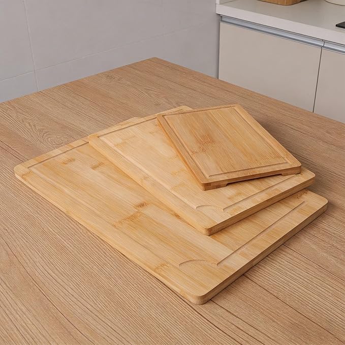 Chopping Boards,3PCS Natural Wood Cutting with Juice Grooves Inner Handles Multi Purpose Kitchen Prep Boards