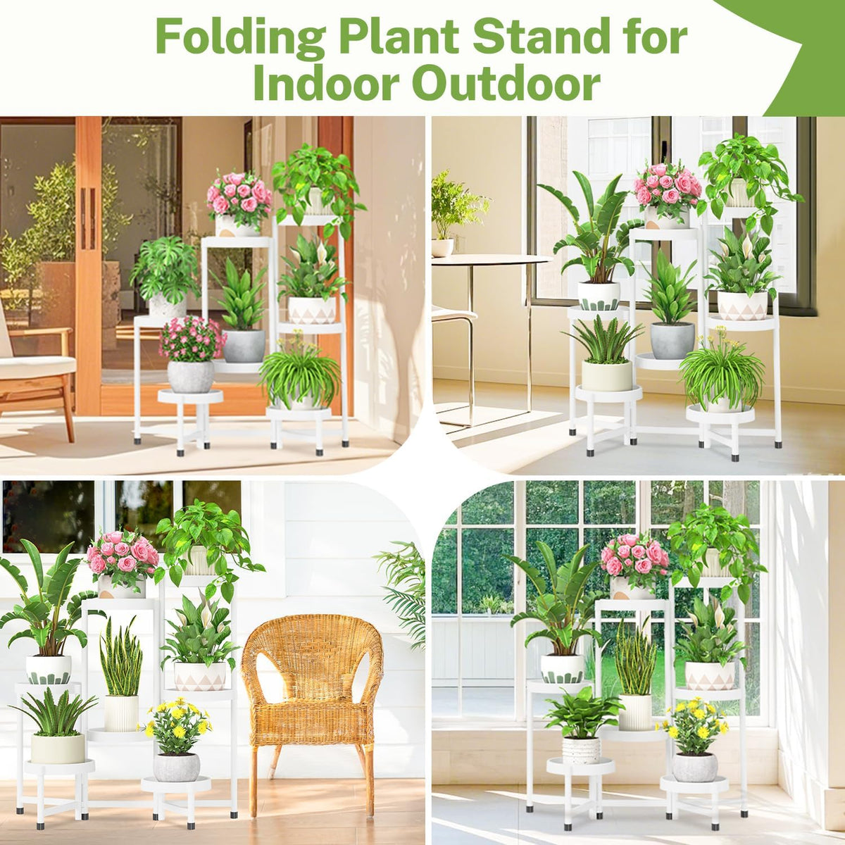 iDavosic.ly 7 Tier Folding Plant Stand Indoor Outdoor with Plastic Tray, Tiered Corner Flower Holder Shelf, Metal Orchid Display Rack for Patio Porch Living Room Garden Balcony, White