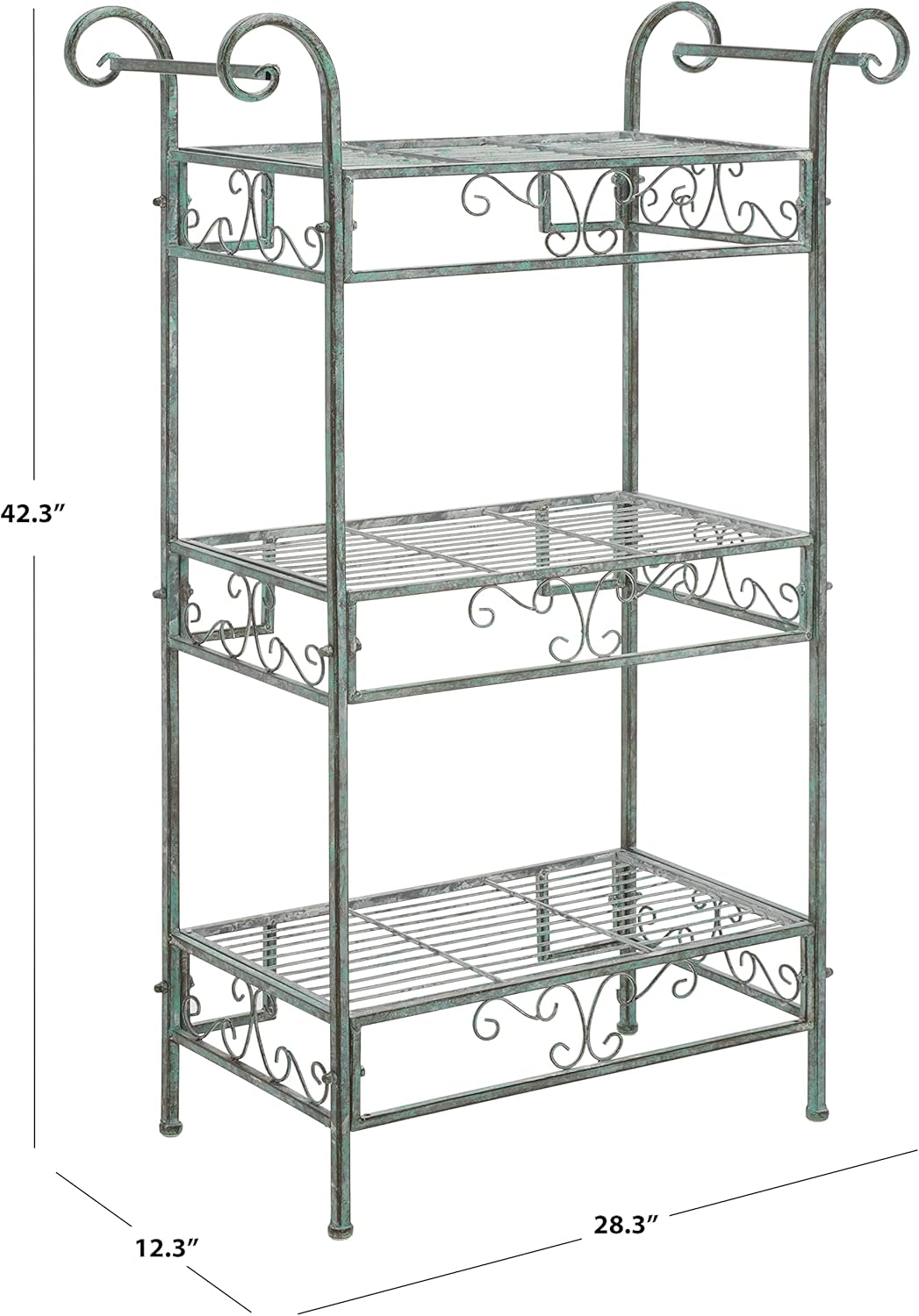 SAFAVIEH Outdoor Collection Noreen Victorian Scroll Antique Dark Green Wrought Iron 3-Tier Shelf