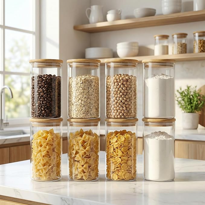 HomArtist Glass Jars with Bamboo Lids 28 floz [Set of 8], Glass Canisters with Airtight Lids, Glass Food Storage Containers for Pasta, Oats, Coffee, Flour, Sugar, Rice, Best for Kitchen & Pantry