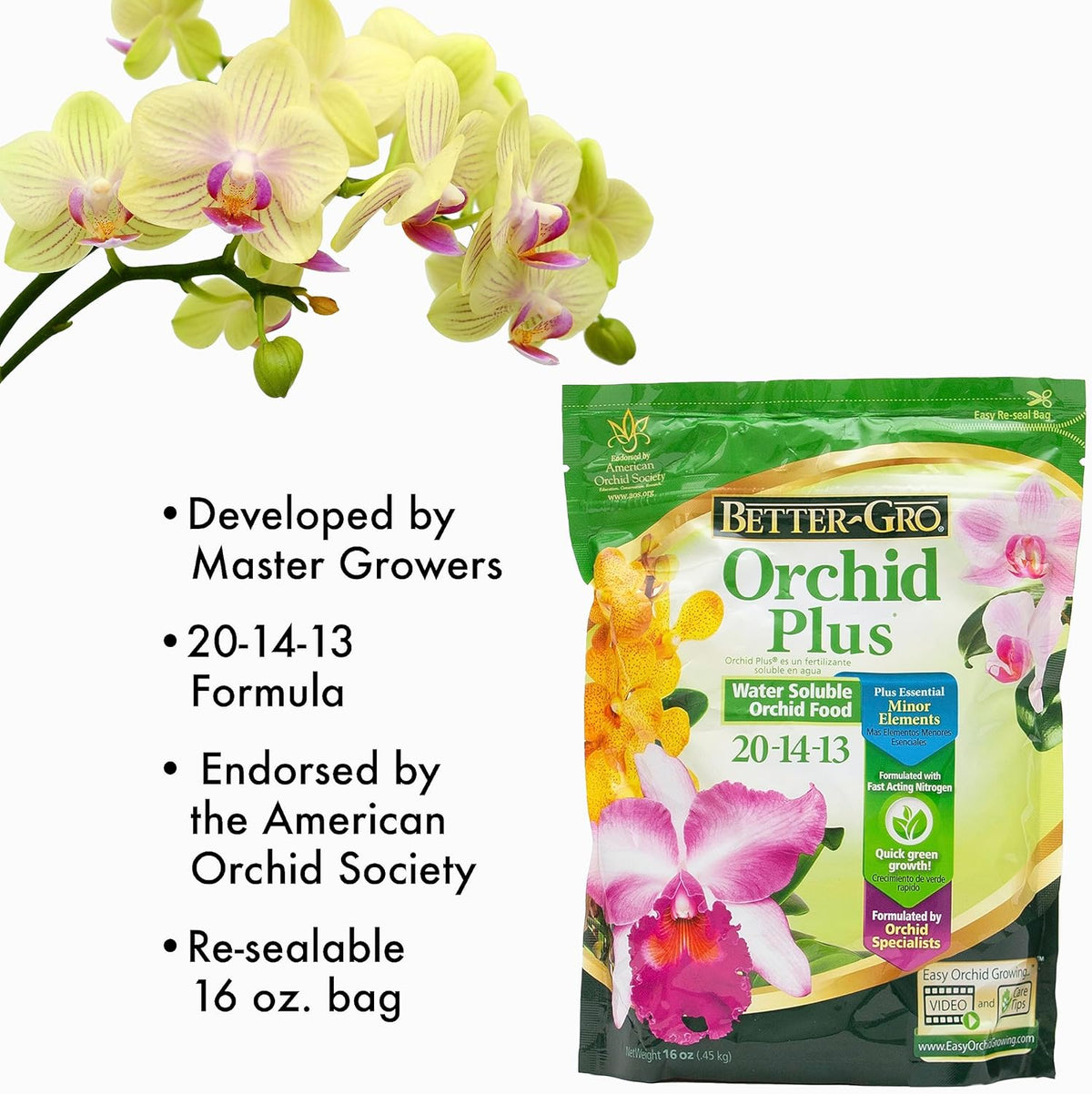 Better-Gro Orchid Plus 20-14-13 - Urea-Free Orchid Fertilizer for Vigorous Growth, Water Soluble, Nitrate Nitrogen-Rich, Ideal for Indoor Potted Plants and Tropical Plants - 16 oz Resealable Bag