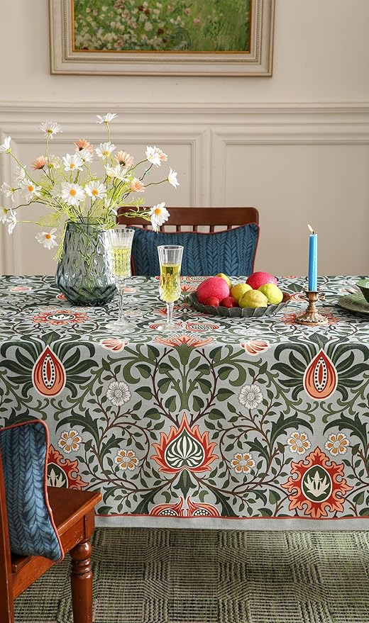 ISAENNE Designer Bohemian Linen Green Extra Long Rectangle Tablecloth,Floral Indoor Table Cloth,Stain Resistant Decor Tablecloths for Dining Thanksgiving Kitchen Party Christmas,67"*118"-Naples