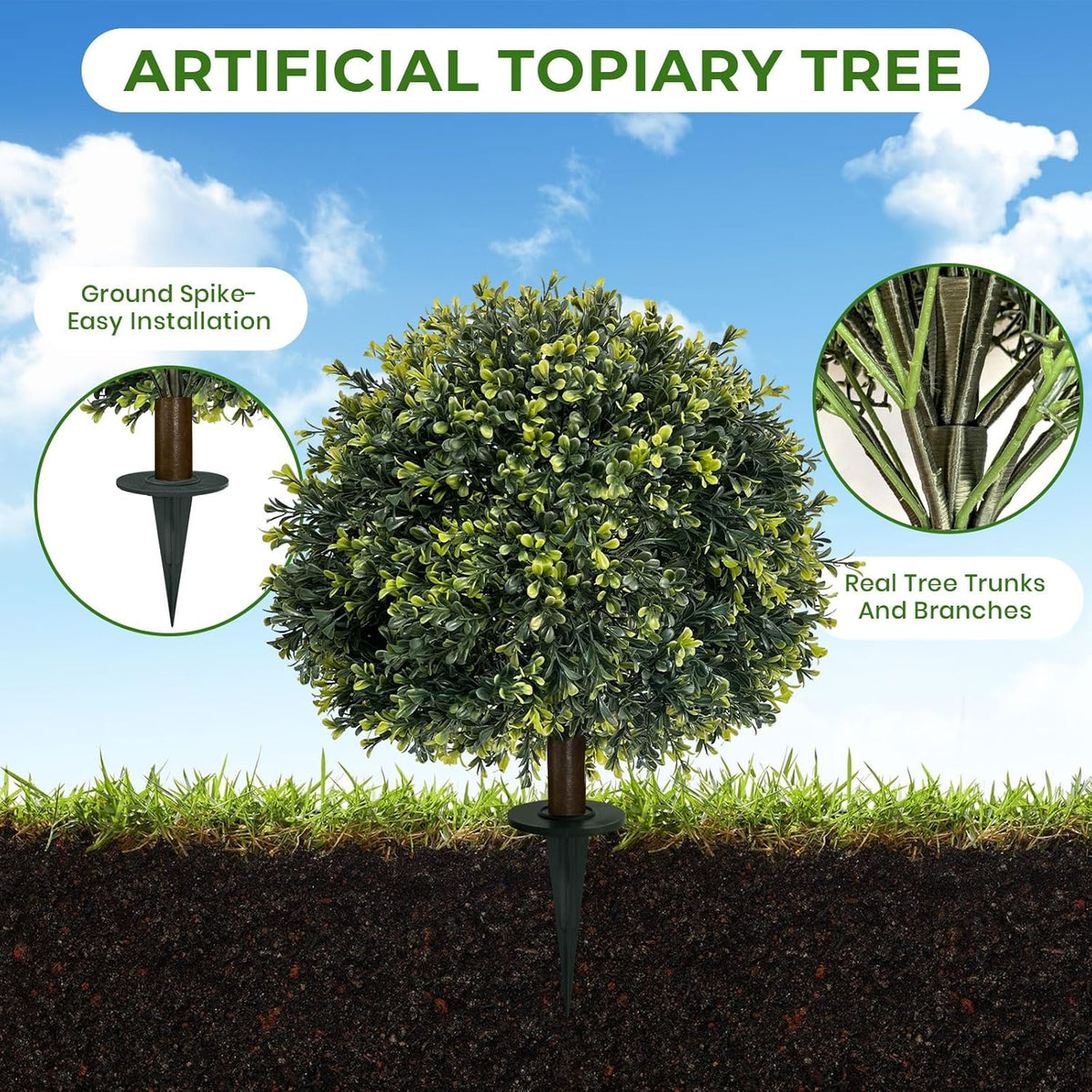 ICX 2 Pack 24" Artificial Boxwood Topiary Ball Trees with Ground Spike,Artificial Plants Outdoor,Fake Bushes & Shrubs for Porch, Garden, Front Porch Decor - Indoor/Outdoor Faux Plants