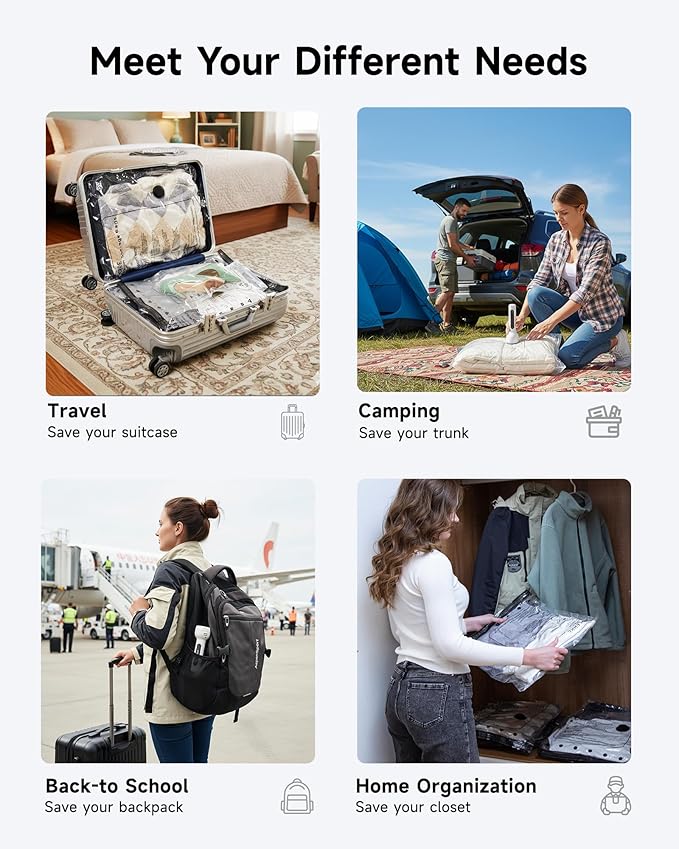 16 Pack Travel Vacuum Seal Bags with Rechargeable Electric Pump, 4 Sizes Space Saver Vacuum Storage Bags for Luggage, Suitcase & Home Organization, Reuseable Vacuum Seal Bags for Clothing