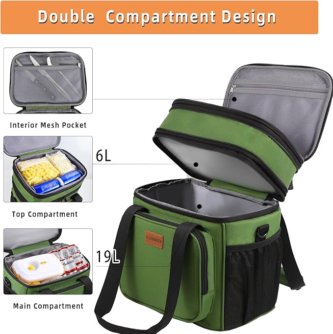 GLENKEY Expandable XLarge Lunch Box, Insulated Heavy Duty Lunch Bag Waterproof Leakproof Durable Cooler Bag for Men Women Adults Work Construction Camping Trip, 22L, Army Green
