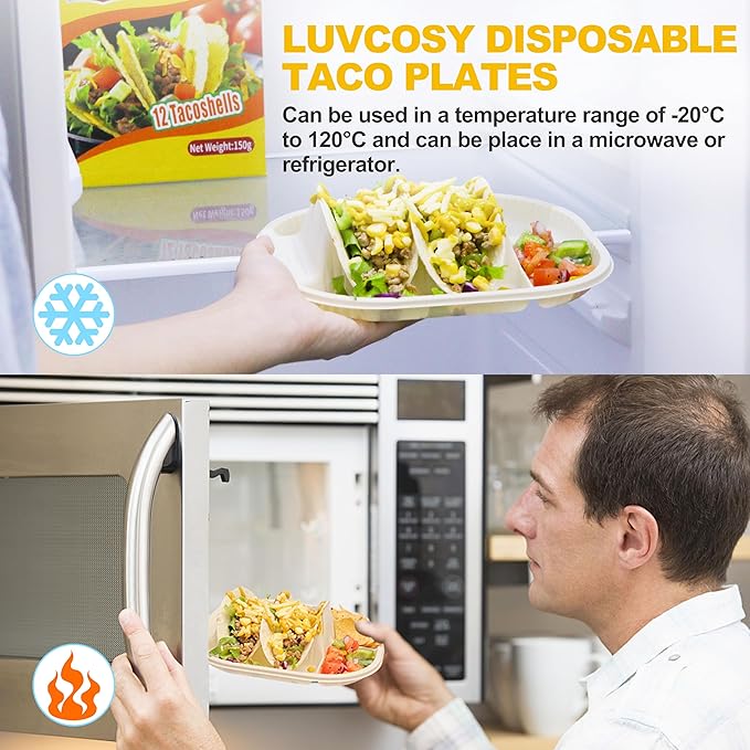 Small Disposable Taco Plates With Dipping Sides - 50 Pack, Biodegradable Cornstarch Taco Holder, Mini Size Fit 4-6 Inch Street Tortilla Shells, Sturdy & Microwave Safe, Bar Serving Set For A Party