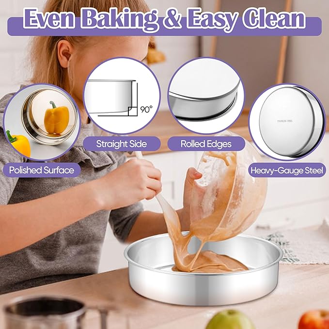 E-far 9 Inch Round Cake Pan, 2-Piece Stainless Steel Round Baking Mold Tins - Non-Toxic & Leak-Proof for Birthday Wedding Layer Tiered Cake, Easy Clean & Dishwasher Safe