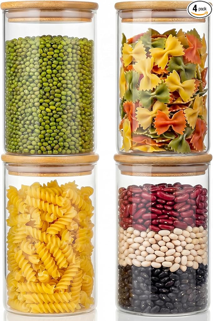 32oz - 4 Pack Glass Jars with Bamboo Lids, Glass Pantry Storage Containers with Airtight Lids, Round Air Tigh Food Storage Canisters for Cereal, Pasta, Flour, Sugar, Rice, Best for Kitchen Organizer