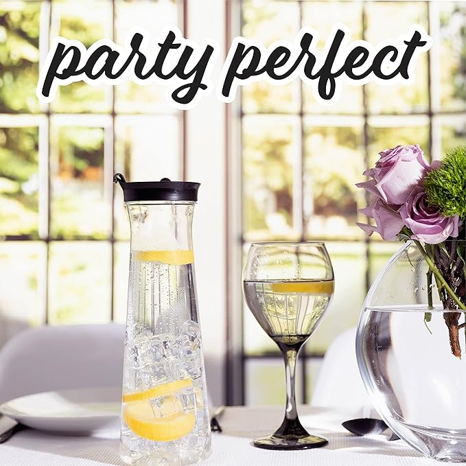 Clear Plastic Water Pitchers Carafes with Flip top Black Lids 34 OZ Heavy Duty Beverage Pitcher Jug for Juice or iced Coffee Great for Mimosa bar Restuarants ot Schools Pack of 2