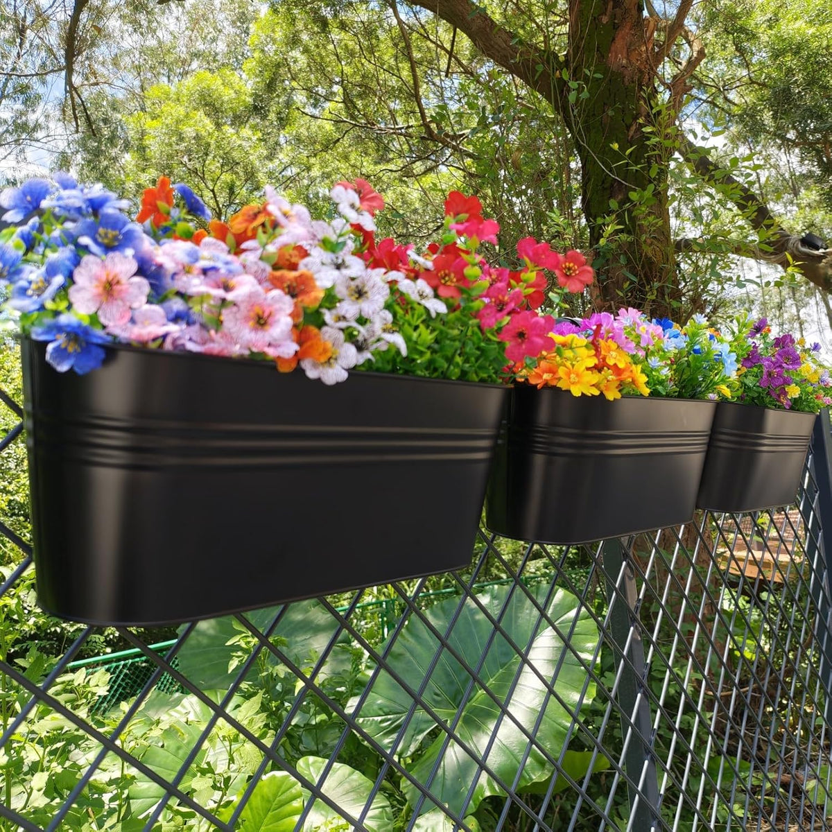 3 Pcs Large Balcony Planters Railing Hanging Flower Pots- 16.2 Inch Metal Railing Planter Box Fence Planters for Outdoor Plants with Detachable Hooks and Drain Holes for Garden Decor (Black-16.2inch)