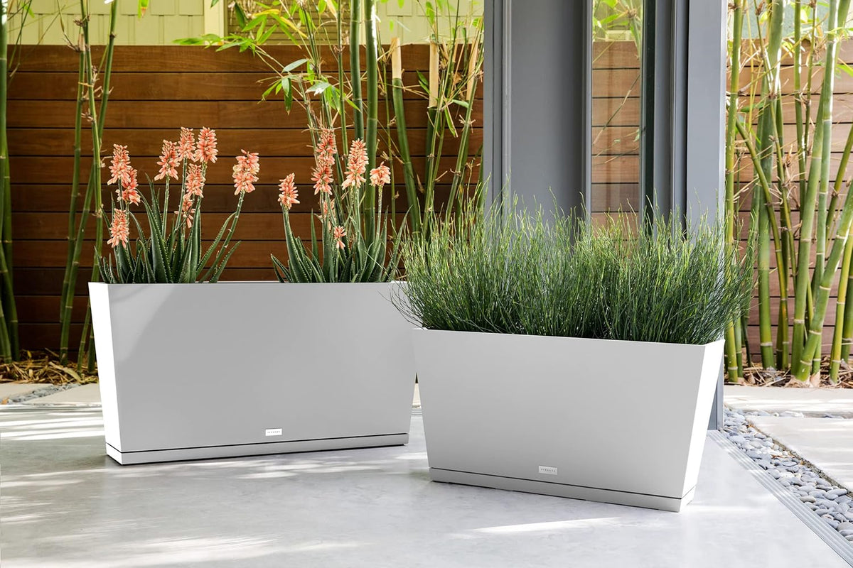 Veradek Midori Long Trough Planter (White, 39 inch - 2 Pack with 2 Saucer Trays)