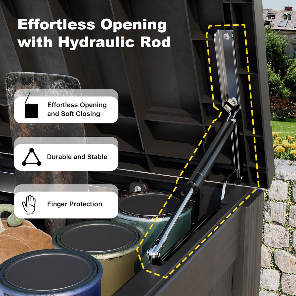 DRATO 150 Gallon Outdoor Storage Box, Large Waterproof Deck Box, Lockable Resin Storage Container with Reinforced Support for Patio Cushions, Garden Tools, UV-Resistant Outdoor Chest（Black）