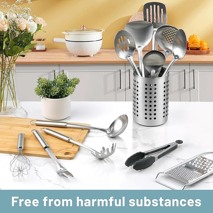 Pleafind Stainless Steel Cooking Utensils Set, 13 Pcs Heat Resistant Kitchen Utensils Set, Nonstick Kitchen Tools Set With Utensil Holder, Metal Spatula Set for Chef, Dishwasher Safe