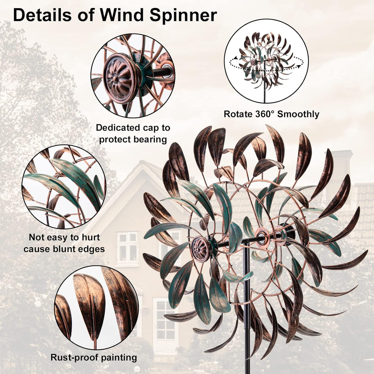 VEWOGARDEN Large Outdoor Metal Wind Spinners, 360 Degrees Swivel Wind Sculpture Yard Art Decor for Patio, Lawn & Garden 66 * 15.8 Inches