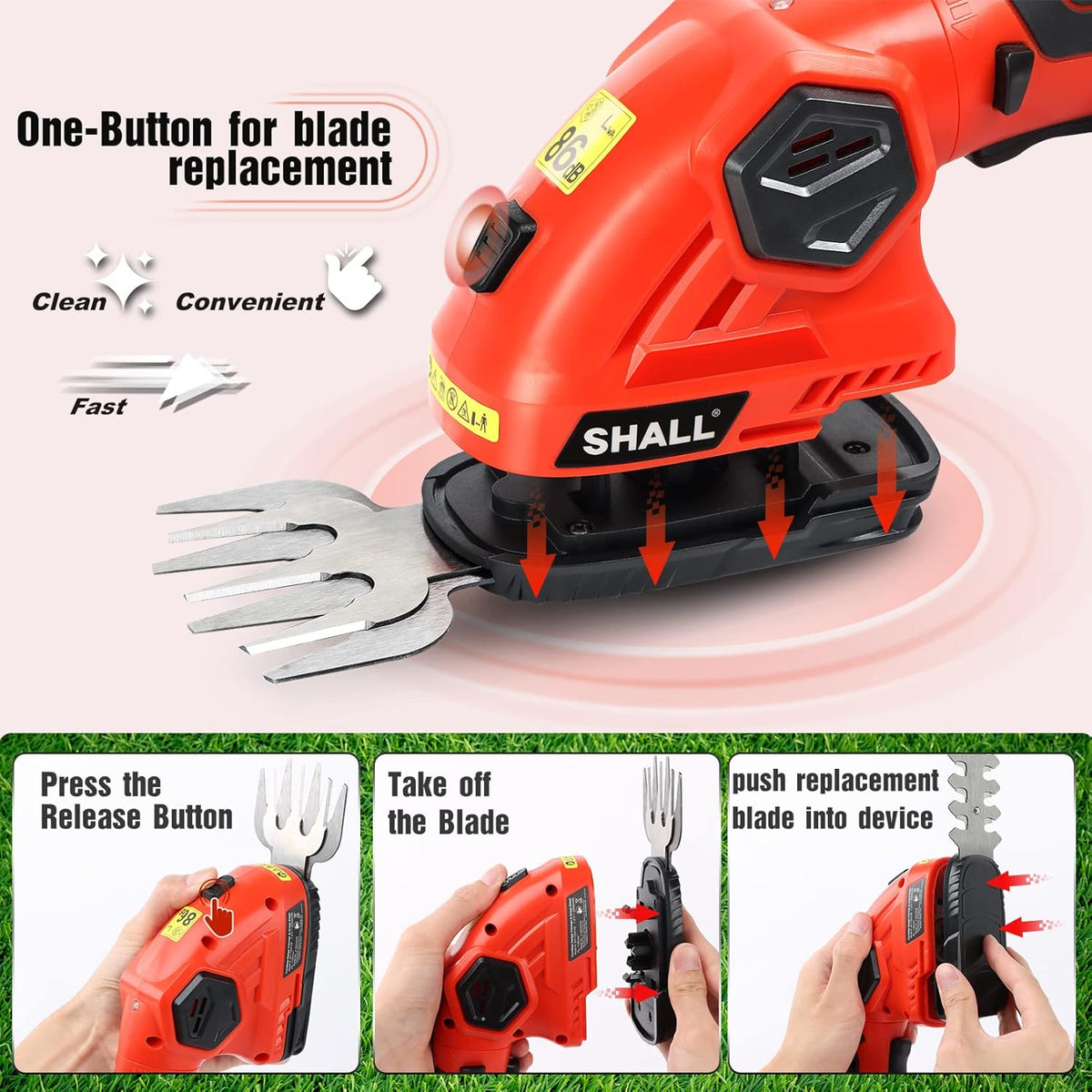 SHALL 2 in 1 Cordless Grass Trimmer & Hedge Shears - 7.2V Electric Shrub Cutter w/Pruning Scissors, Rechargeable Battery & Fast Charger