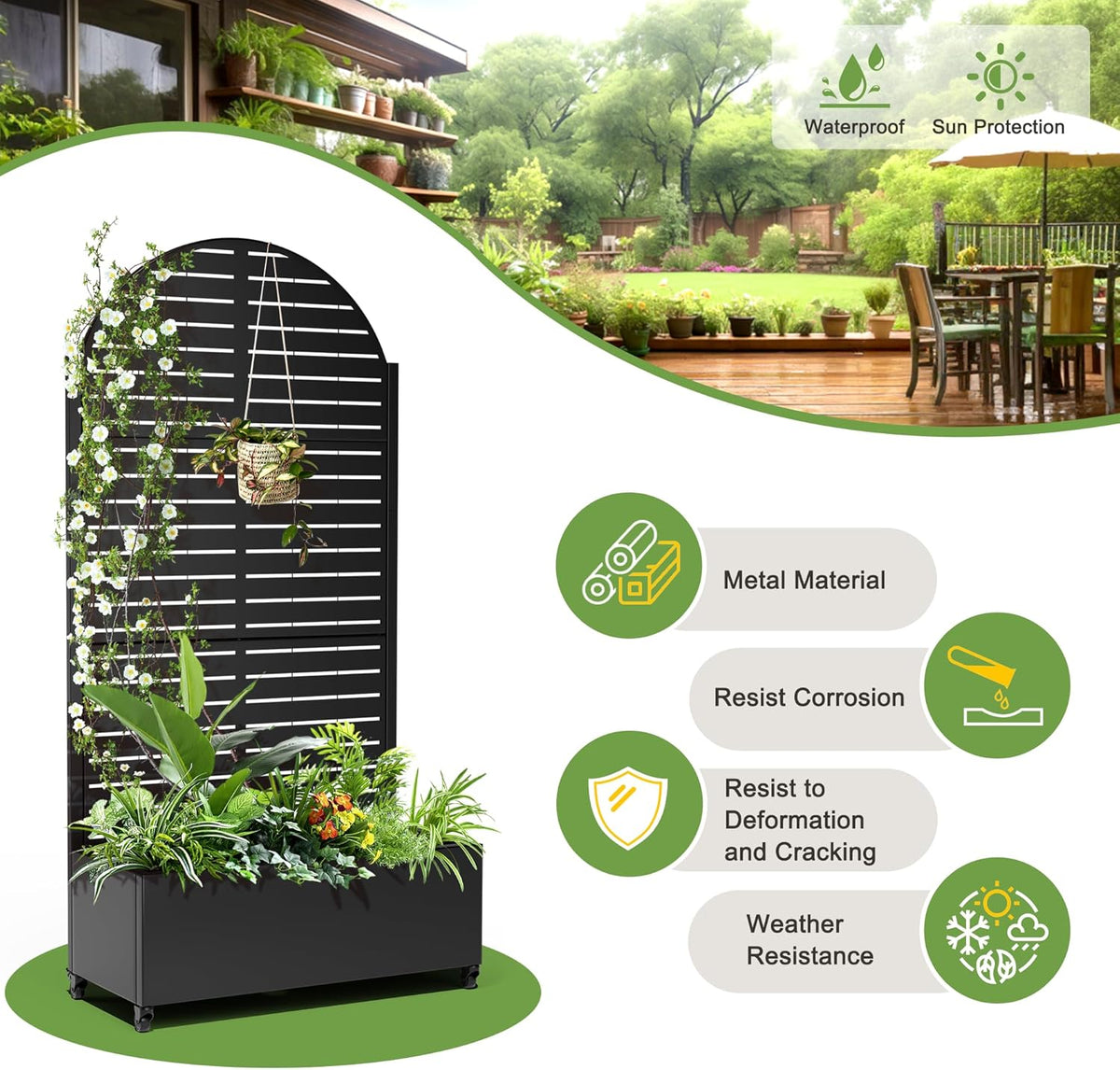 FENCY Metal Raised Garden Bed with Wheels and Trellis,Arched 73"x35"x16" Planter Box for Climbing Plants, Vegetables & Vines, Features Privacy Screen and Drainage Holes (Black-Louvered)