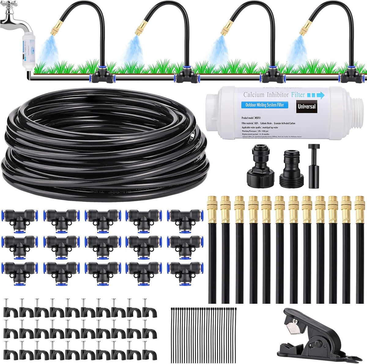 Mornajina Automatic Drip Irrigation Kits Garden Irrigation System, Includes Calcium Inhibitor Filter & 50FT 5/16 inch Irrigation Tubing Hose & 15Pcs 360° Bending Dropper Atomizing Mist Nozzles Tee